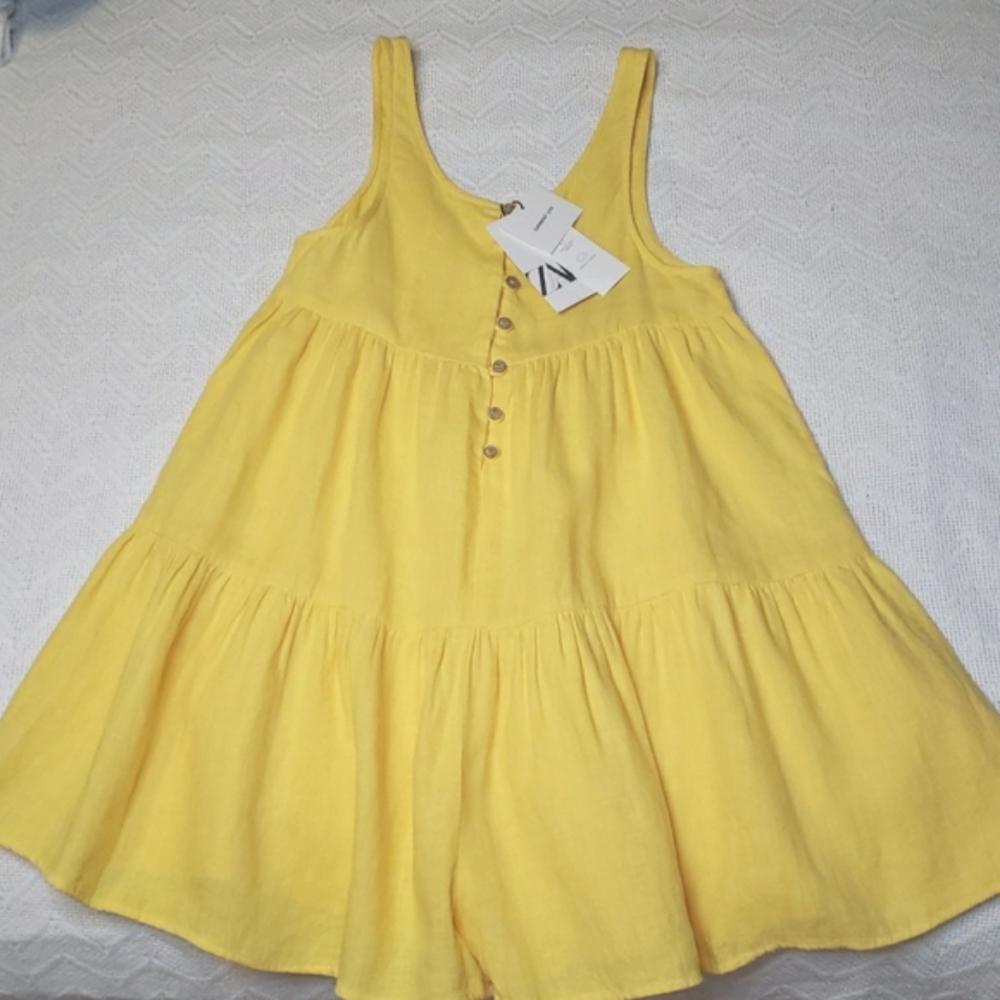 NEW Zara Girls 10 Yellow 100% Linen Summer Romper Dress